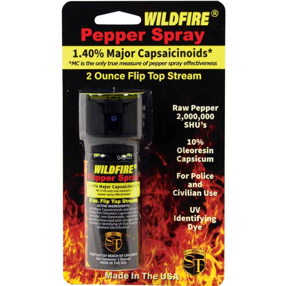 2 Ounce Flip Top WildFire MC Pepper Spray Stream Front View in Retail Package