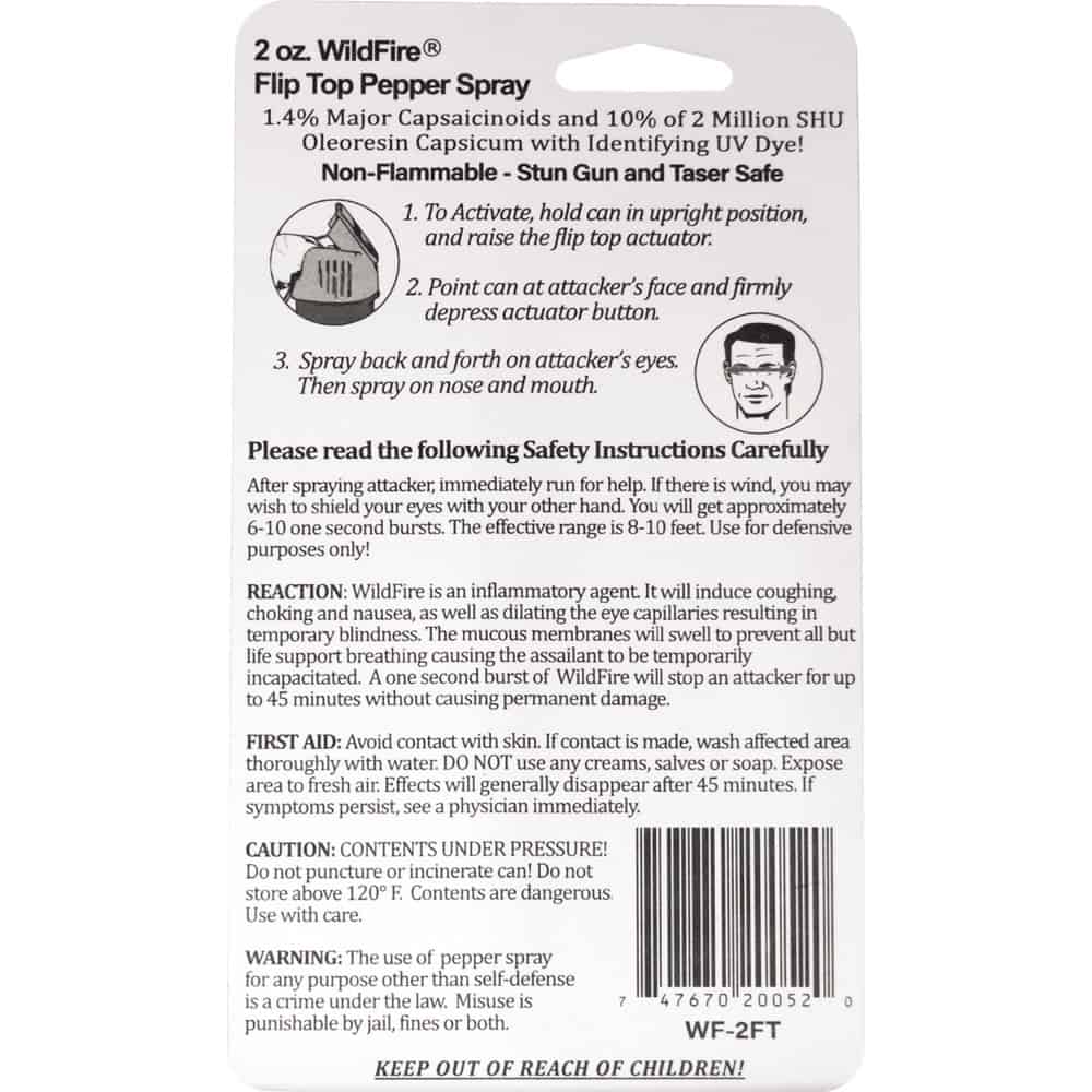 2 Ounce Flip Top WildFire MC Pepper Spray Stream Rear View of Retail Package with Instructions