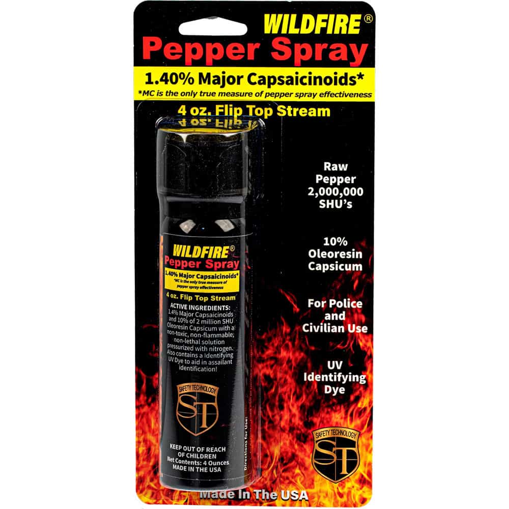 4 Ounce Flip Top WildFire MC Pepper Spray Stream Front View in Retail Package