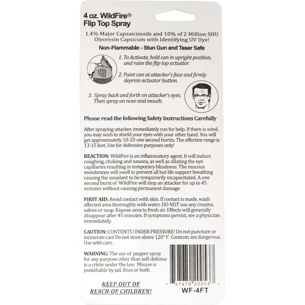 4 Ounce Flip Top WildFire MC Pepper Spray Stream Back View of Retail Package with Instructions