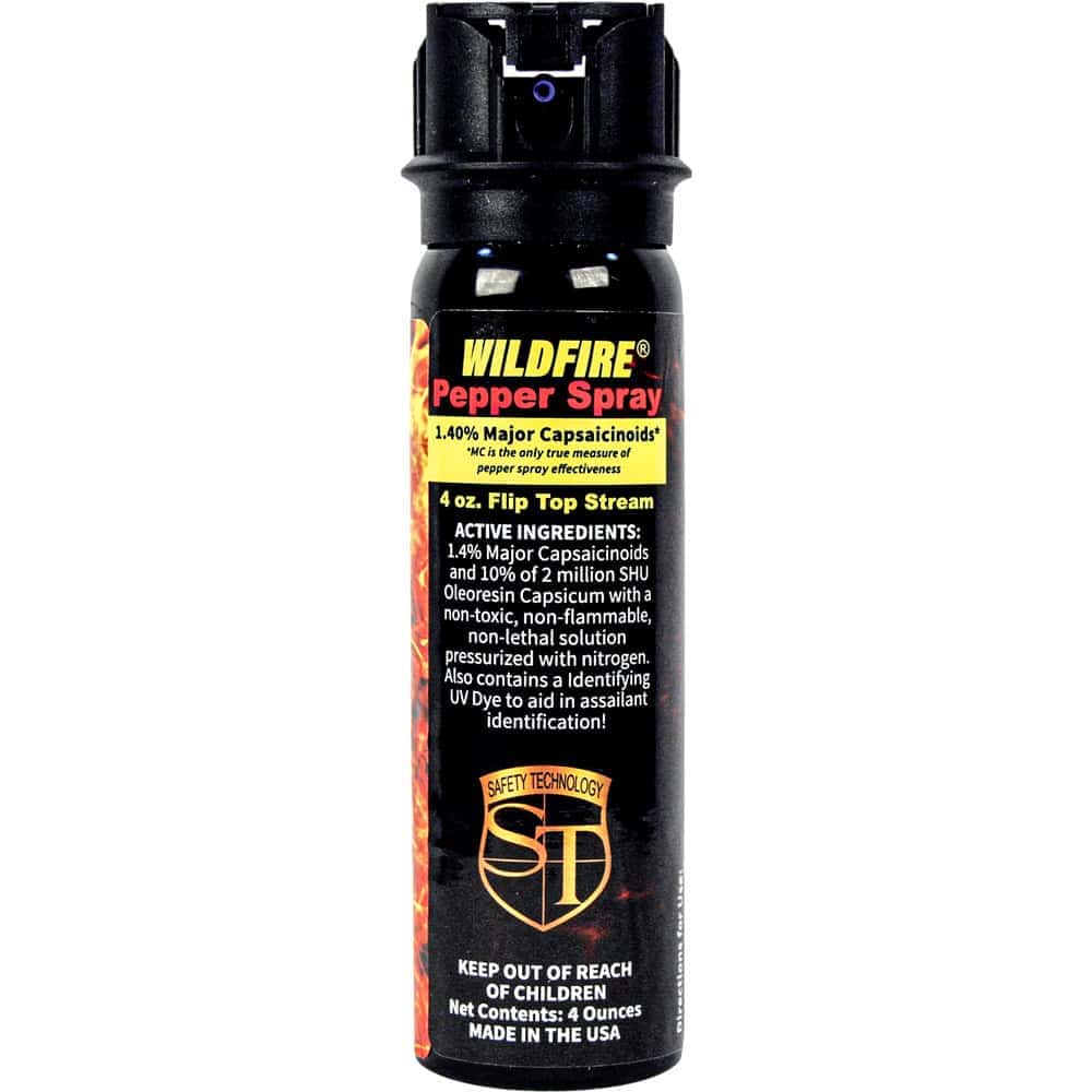 4 Ounce Flip Top WildFire MC Pepper Spray Stream Front View