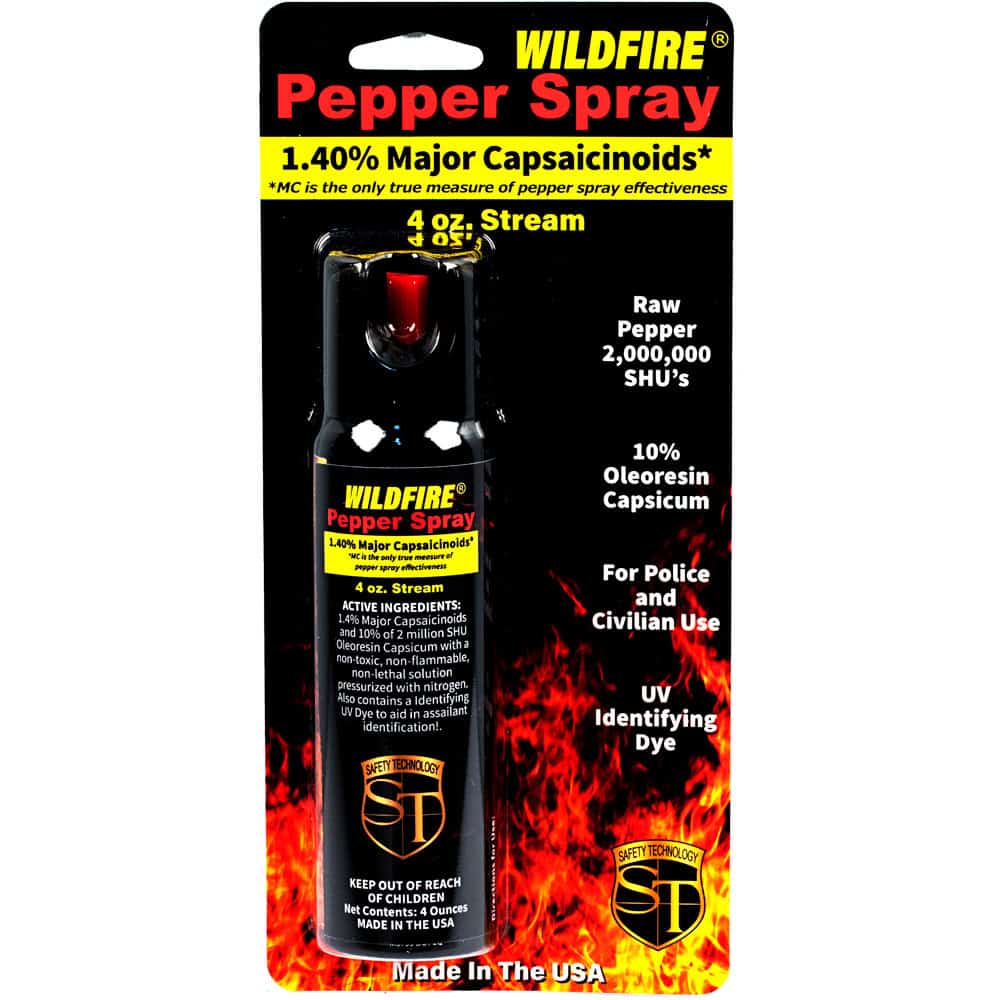 2 Ounce Flip Top WildFire MC Pepper Spray Stream Front View in Retail Package