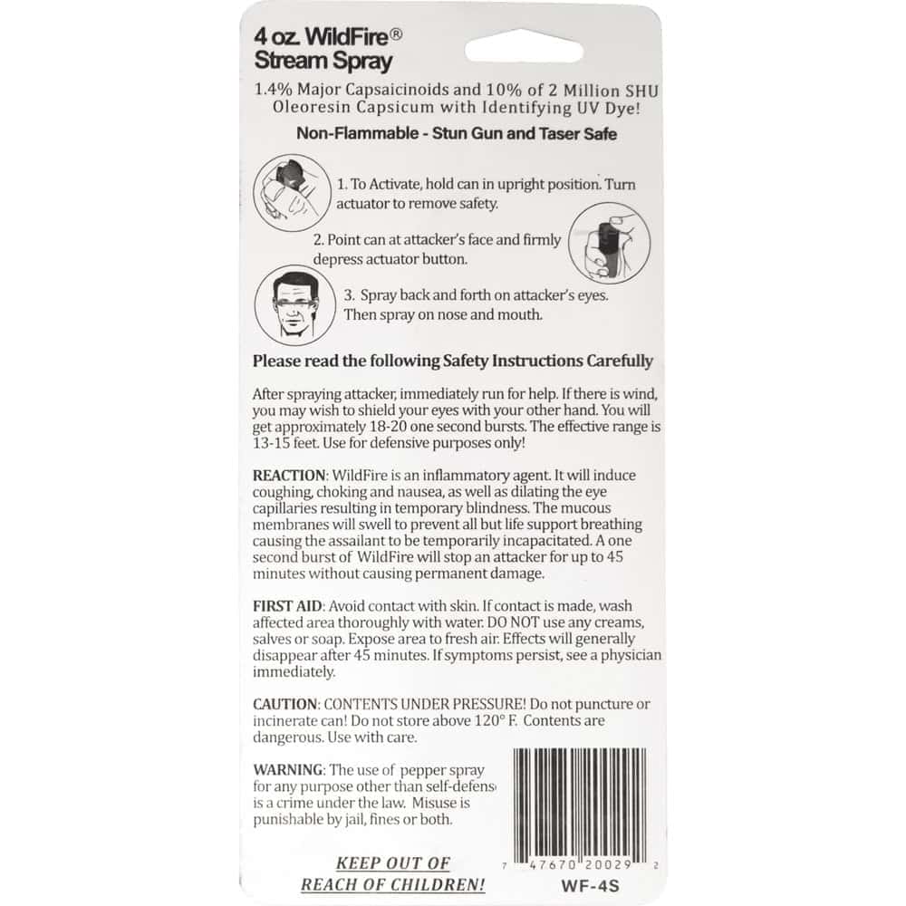 4 Ounce WildFire MC Pepper Spray Stream Back View of Retail Package with Instructions