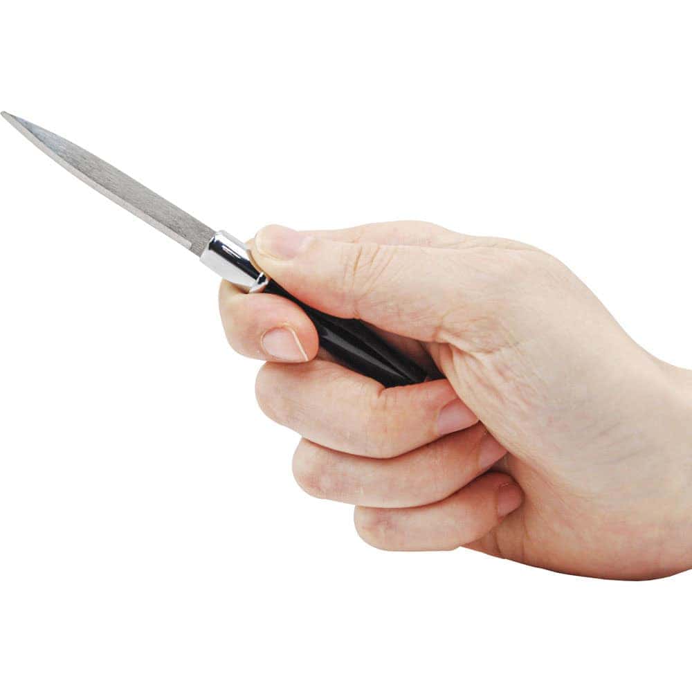 Black Pen Knife with Blade Exposed in Hand