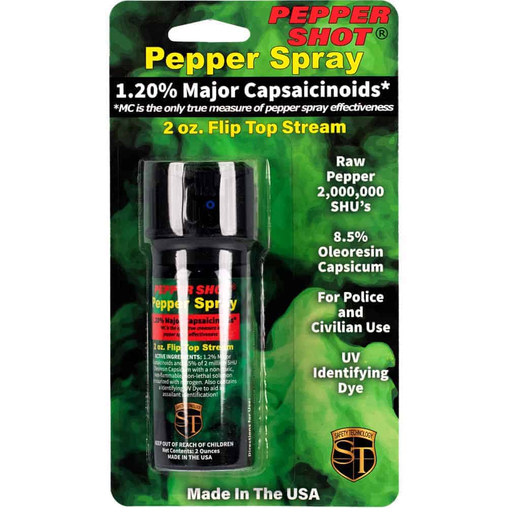 Pepper Shot 2 Ounce Flip Top Pepper Spray with UV Dye Front View in Retail Package