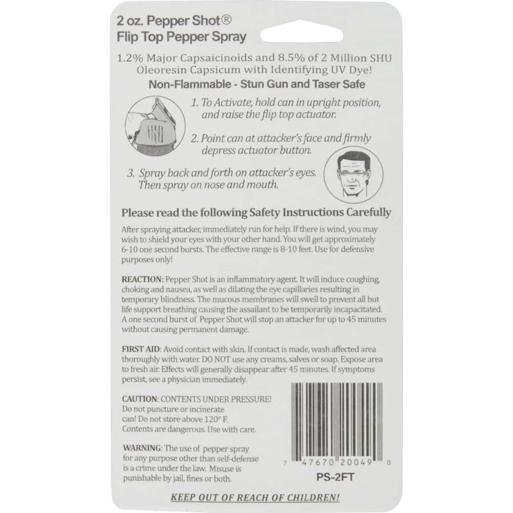 Pepper Shot 2 Ounce Flip Top Pepper Spray with UV Dye Rear View in Retail Package with Instructions