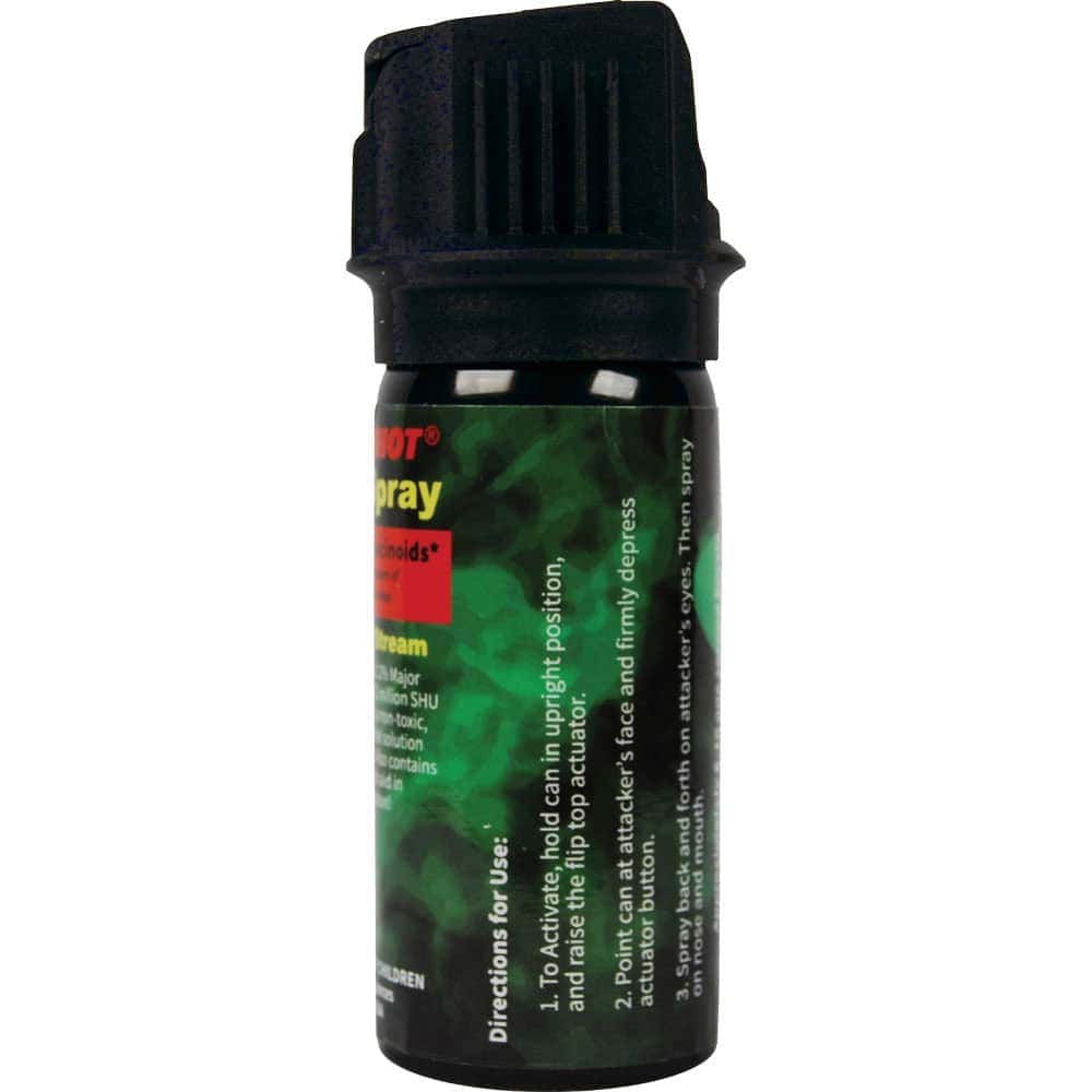 Pepper Shot 2 Ounce Flip Top Pepper Spray with UV Dye Side View