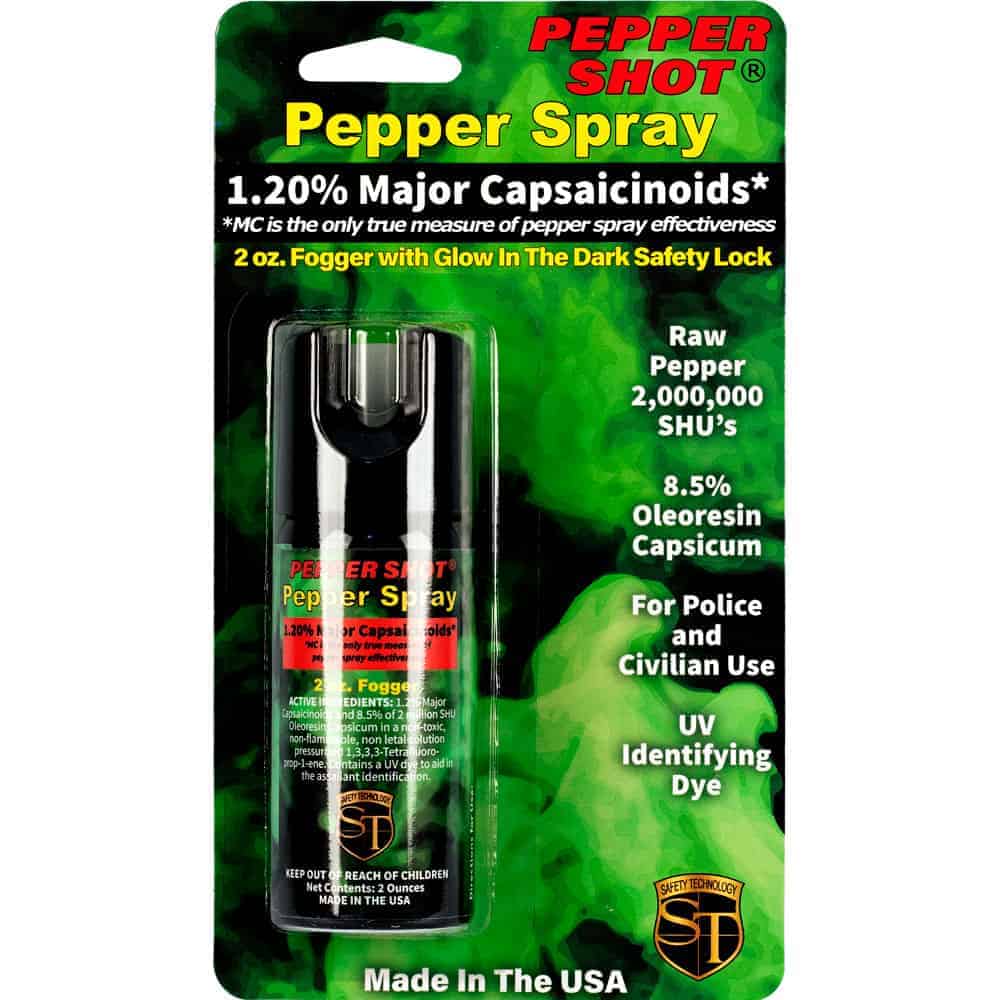 Pepper Shot 2 Ounce Pepper Spray Fogger with UV Dye Front View in Retail Package