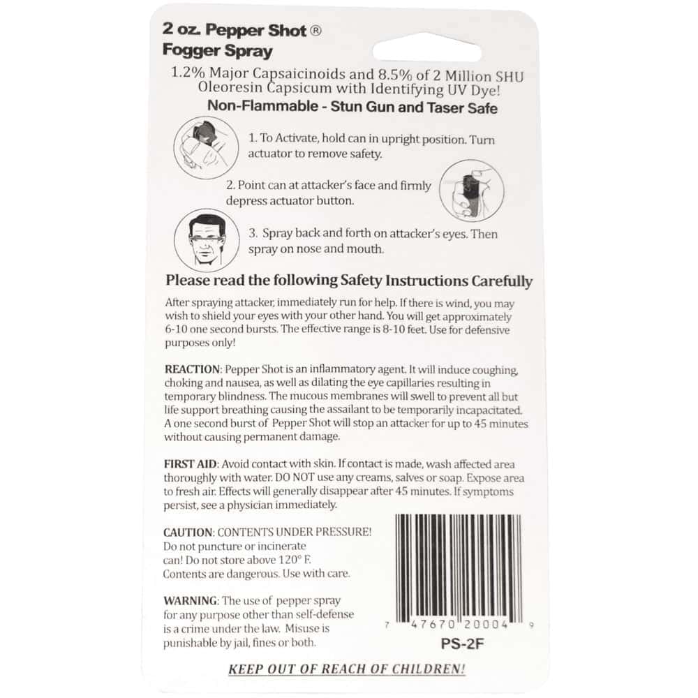 Pepper Shot 2 Ounce Pepper Spray Fogger with UV Dye Rear View in Retail Package with Instructions