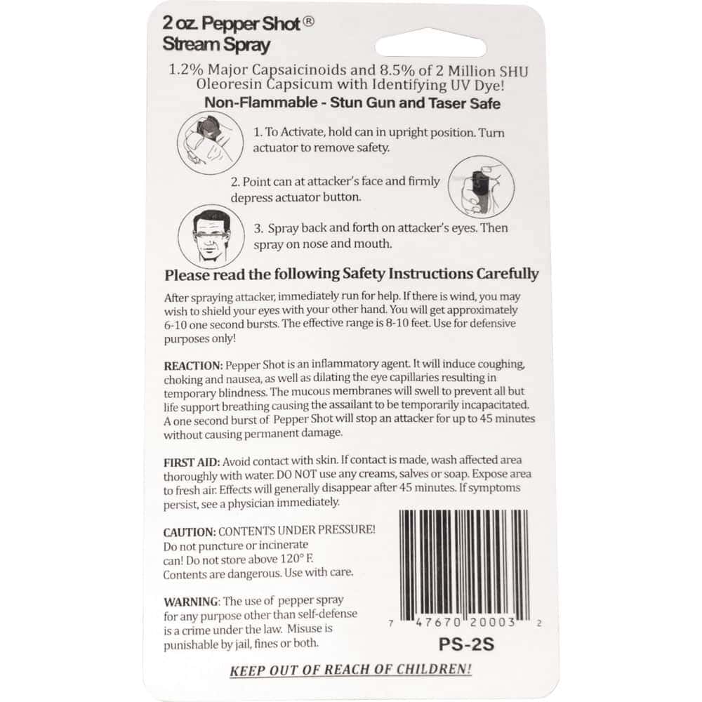 Pepper Shot 2 Ounce Pepper Spray with UV Dye in Retail Package Rear View with Instructions