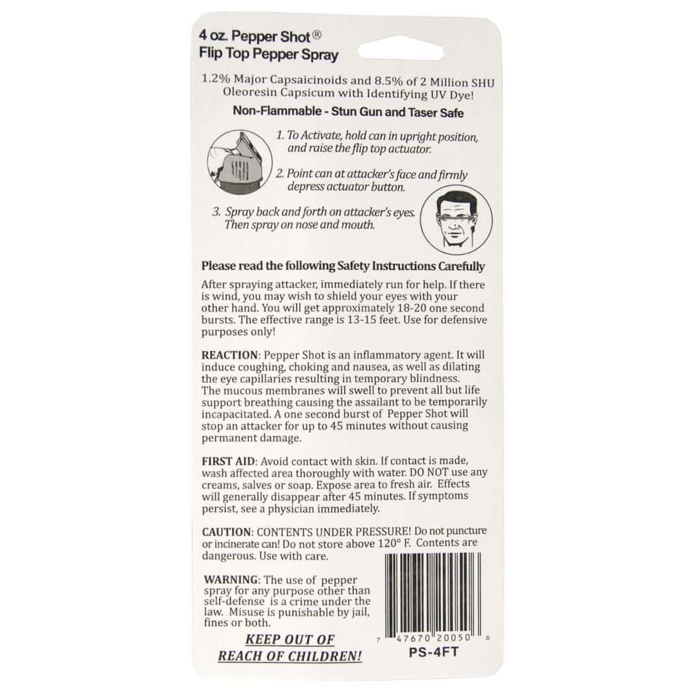 Pepper Shot 4 ounce Flip Top Pepper Spray Rear View Retail Package