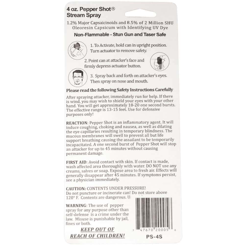 Pepper Shot 4 ounce Pepper Spray Rear Package View with Instructions