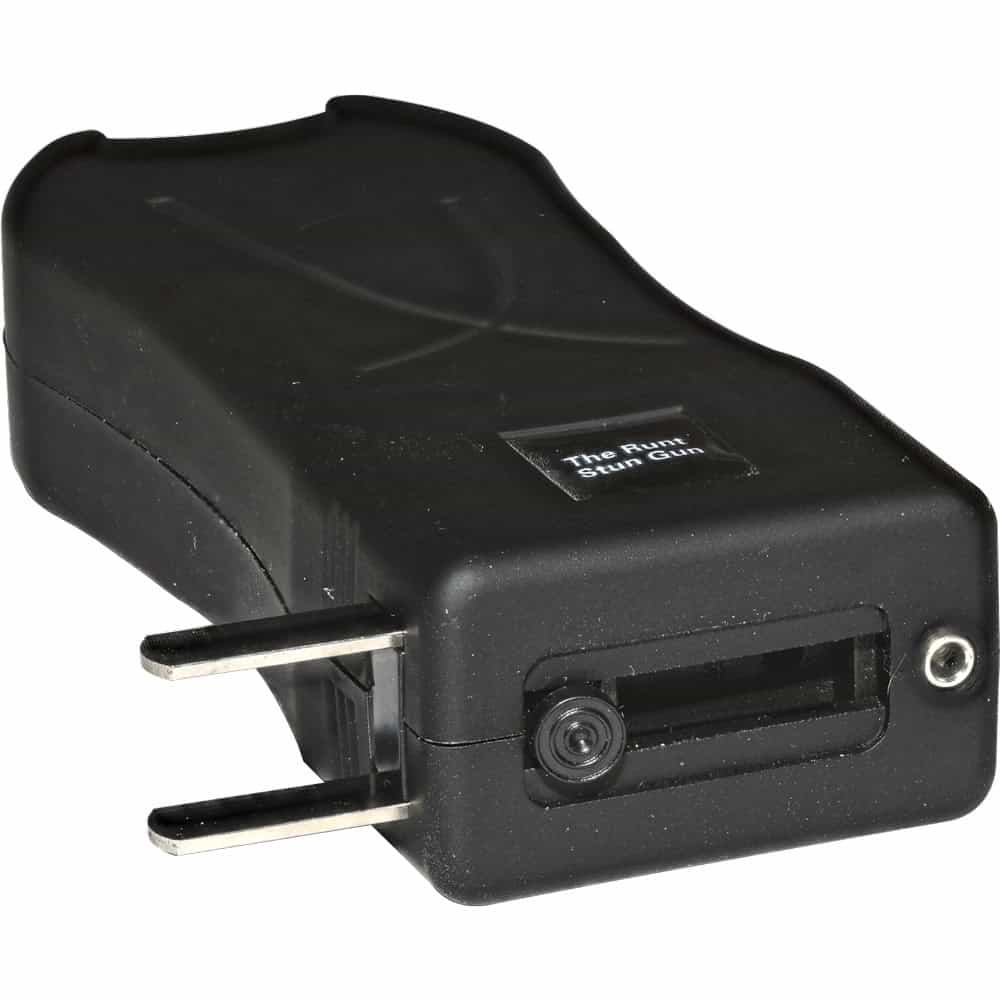 Black 80 Million Volt Runt Rechargeable Stun Gun With Flashlight And Wrist Strap Disable Pin Bottom View with Slide Out Charger