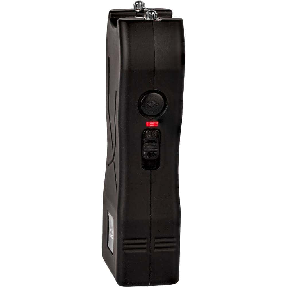 Black 80 Million Volt Runt Rechargeable Stun Gun With Flashlight And Wrist Strap Disable Pin Side View