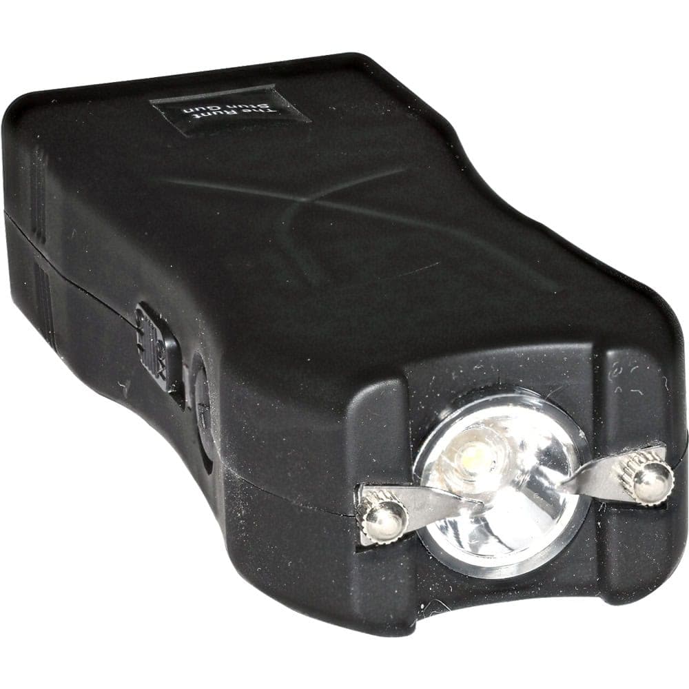 Black 80 Million Volt Runt Rechargeable Stun Gun With Flashlight And Wrist Strap Disable Pin Top View