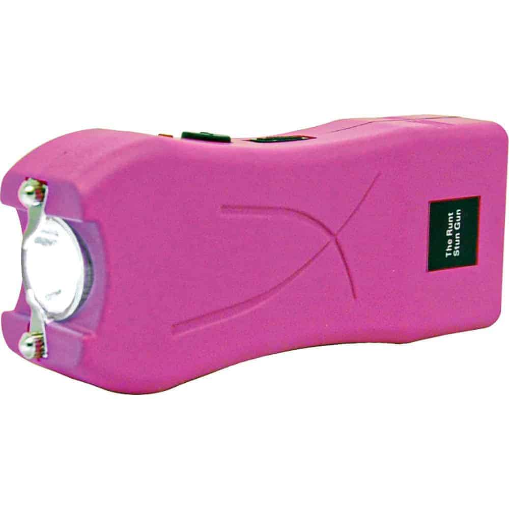 Pink Runt Rechargeable Stun Gun With Flashlight And Wrist Strap Disable Pin Side View with Flashlight