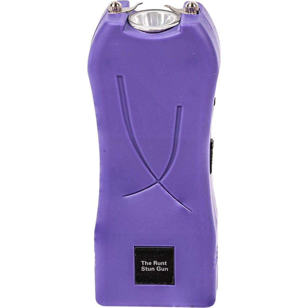 Purple Runt Rechargeable Stun Gun With Flashlight And Wrist Strap Disable Pin Front View