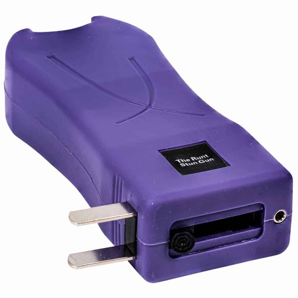 Purple Runt Rechargeable Stun Gun With Flashlight And Wrist Strap Disable Pin Bottom View with Charger Extended