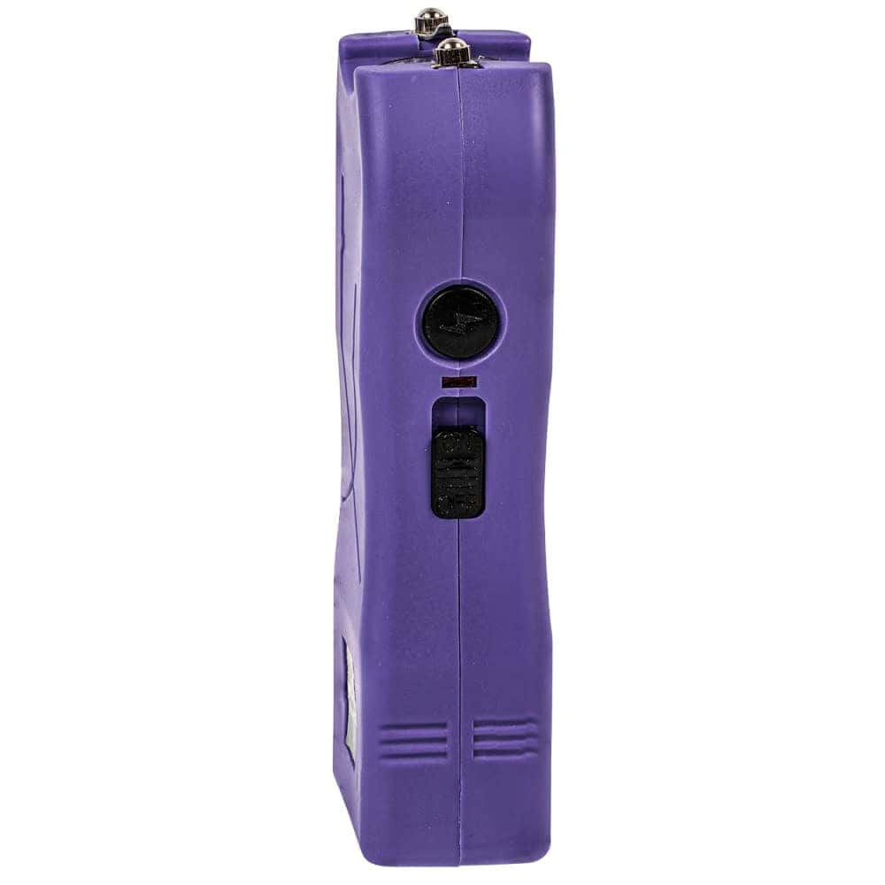 Purple Runt Rechargeable Stun Gun With Flashlight And Wrist Strap Disable Pin Side View