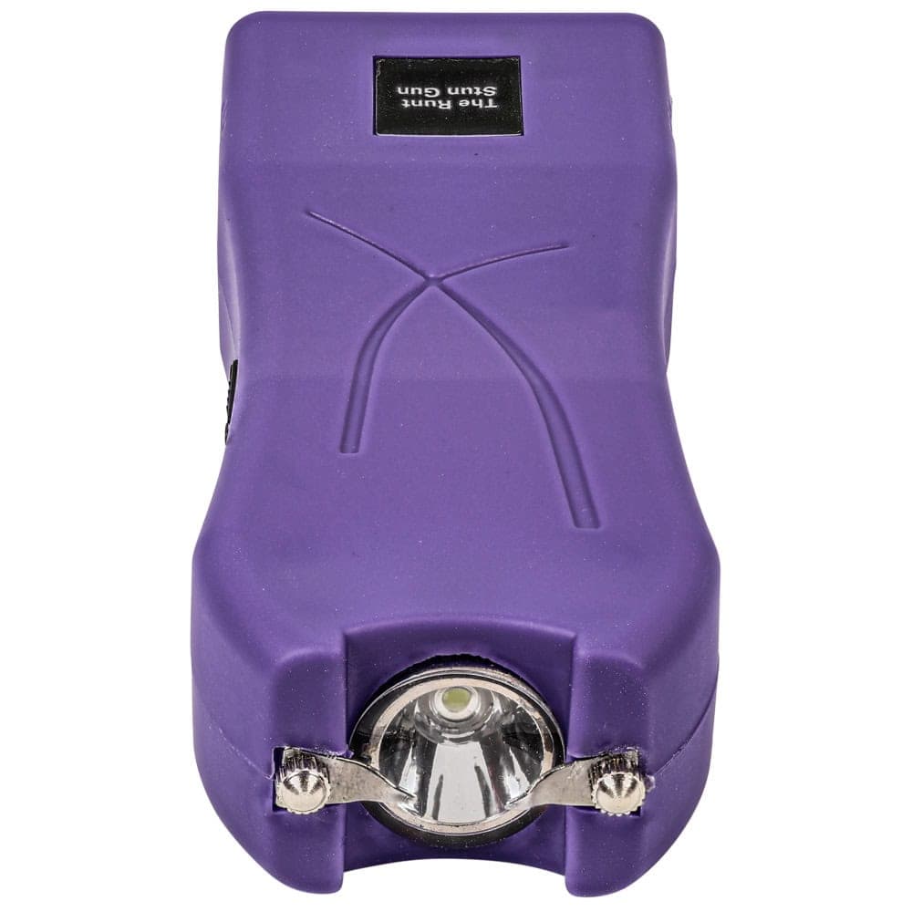 Purple Runt Rechargeable Stun Gun With Flashlight And Wrist Strap Disable Pin Top View