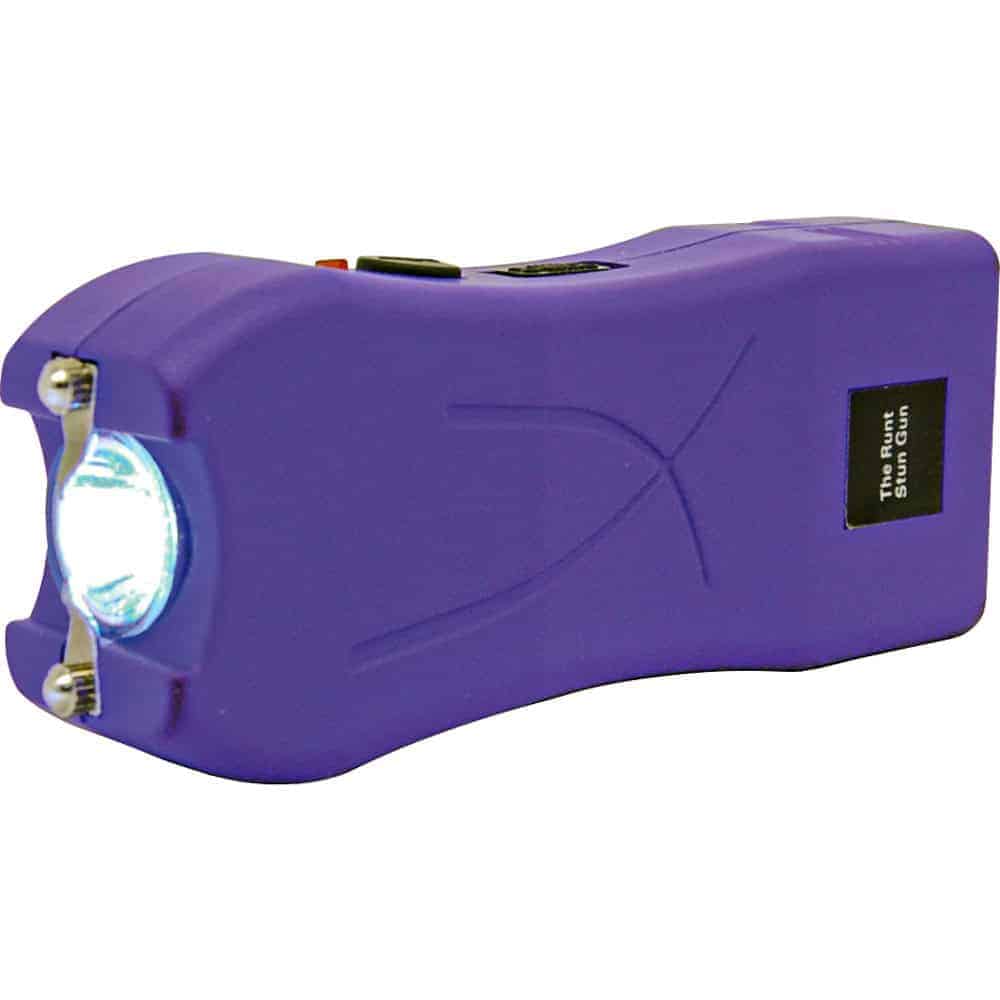 Purple Runt Rechargeable Stun Gun With Flashlight And Wrist Strap Disable Pin Side View with Flashlight