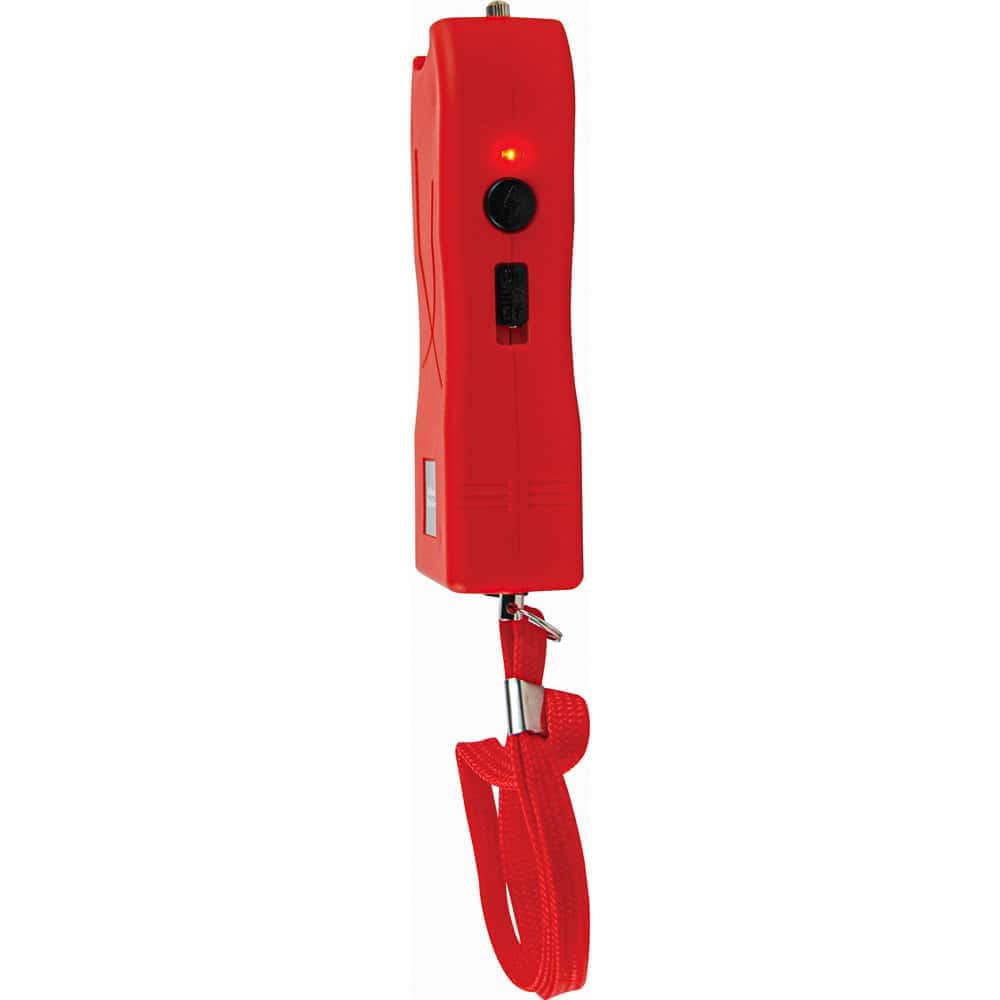 Red Runt Rechargeable Stun Gun With Flashlight And Wrist Strap Disable Pin Side View