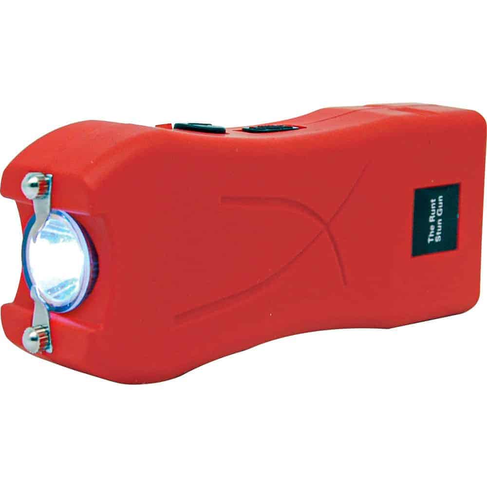 Red Runt Rechargeable Stun Gun With Flashlight And Wrist Strap Disable Pin Side View with Flashlight