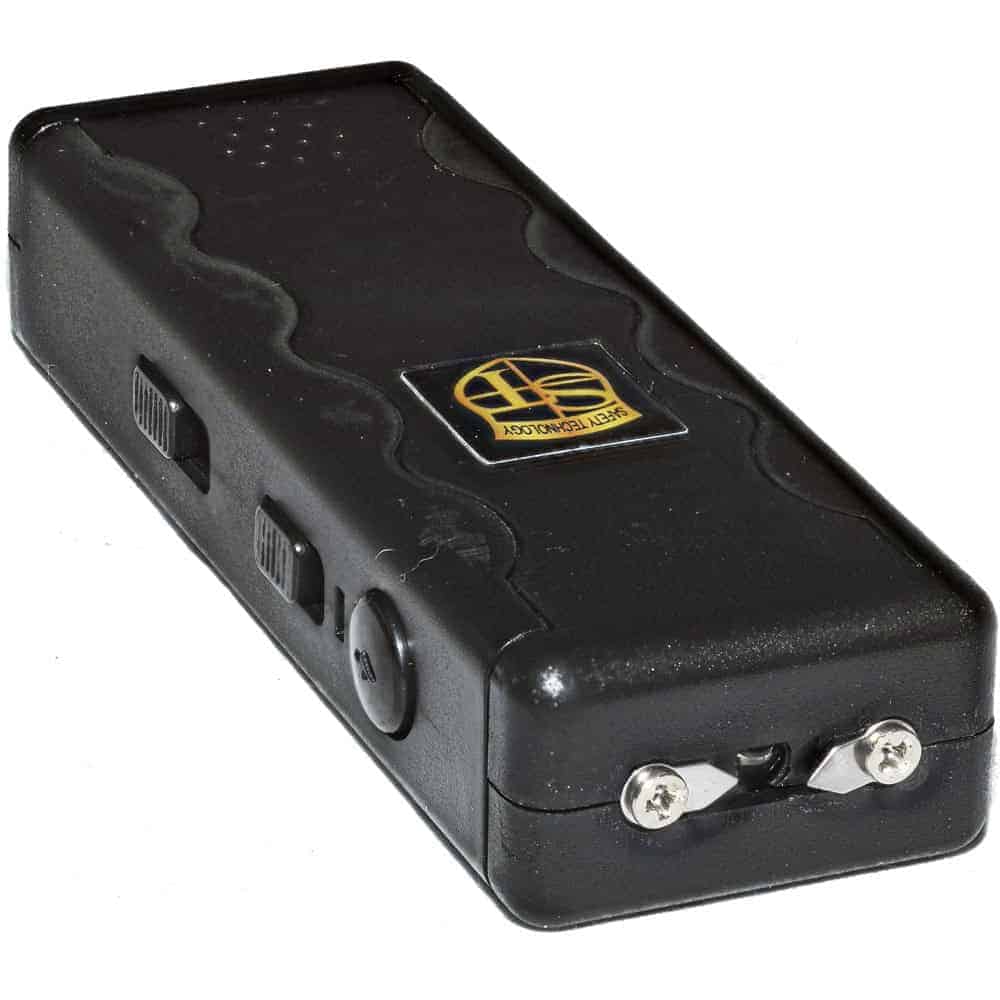 Black SAL Stun Gun with Alarm and Flashlight Top and Side View with Buttons