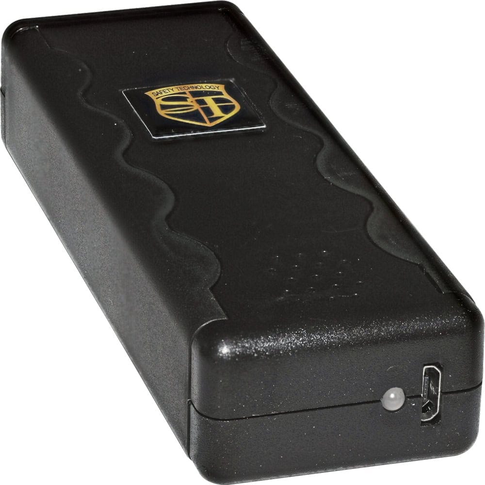 Black SAL Stun Gun with Alarm and Flashlight Bottom View with Charging Port