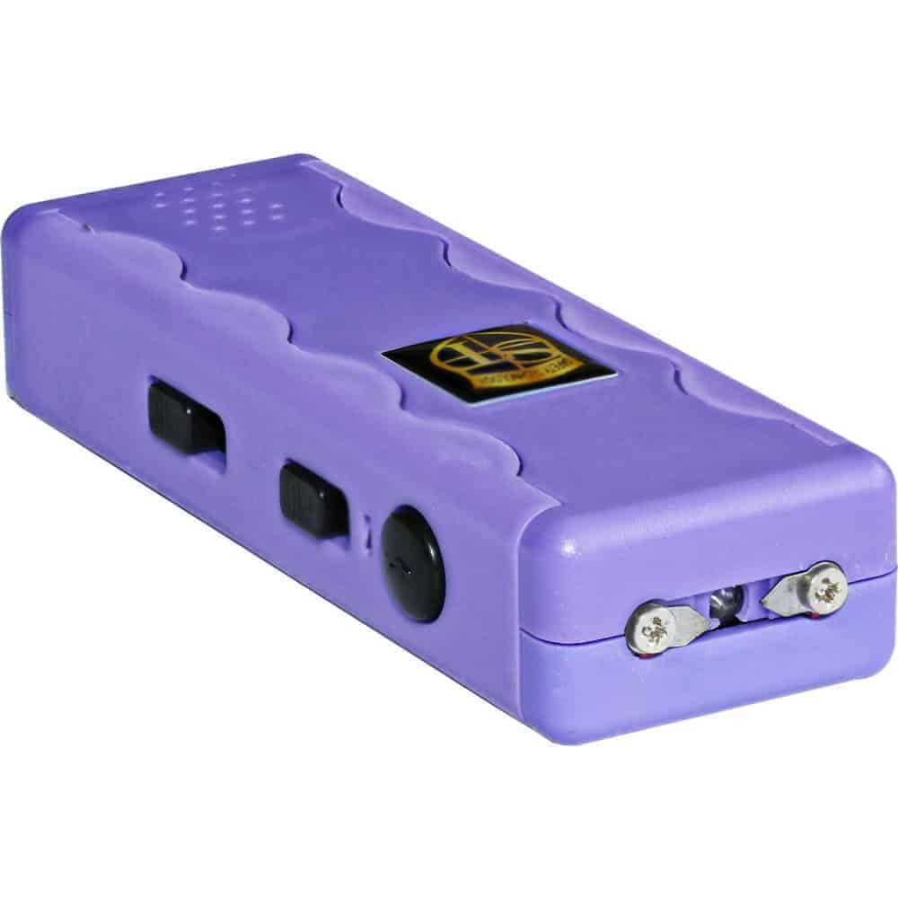 Purple SAL Stun Gun with Alarm and Flashlight Top and Side View with Buttons