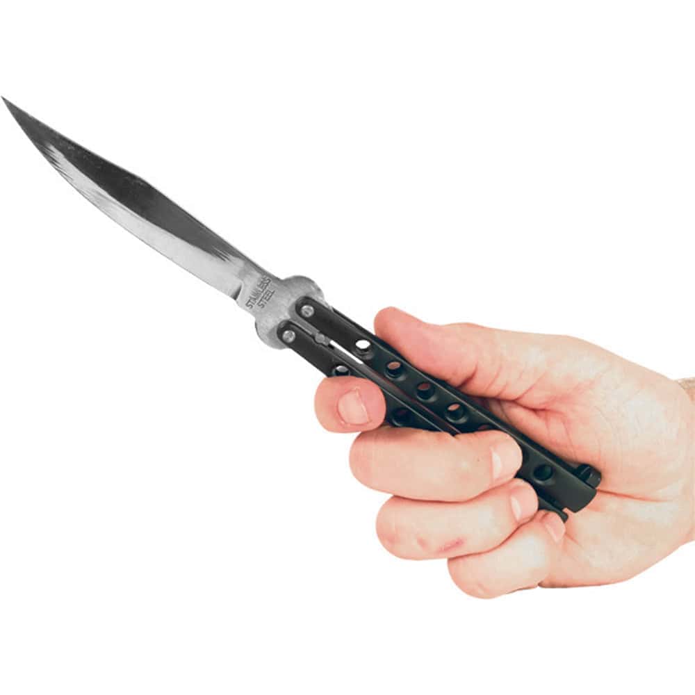 Black Handle Butterfly Knife Open in Hand