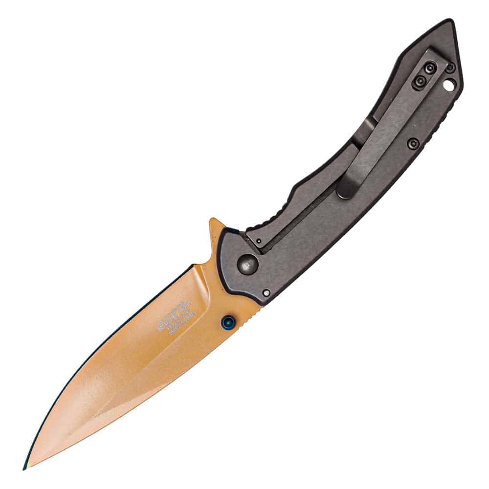 Orange Blade Assisted Open Folding Pocket Knife Open View with Belt Clip