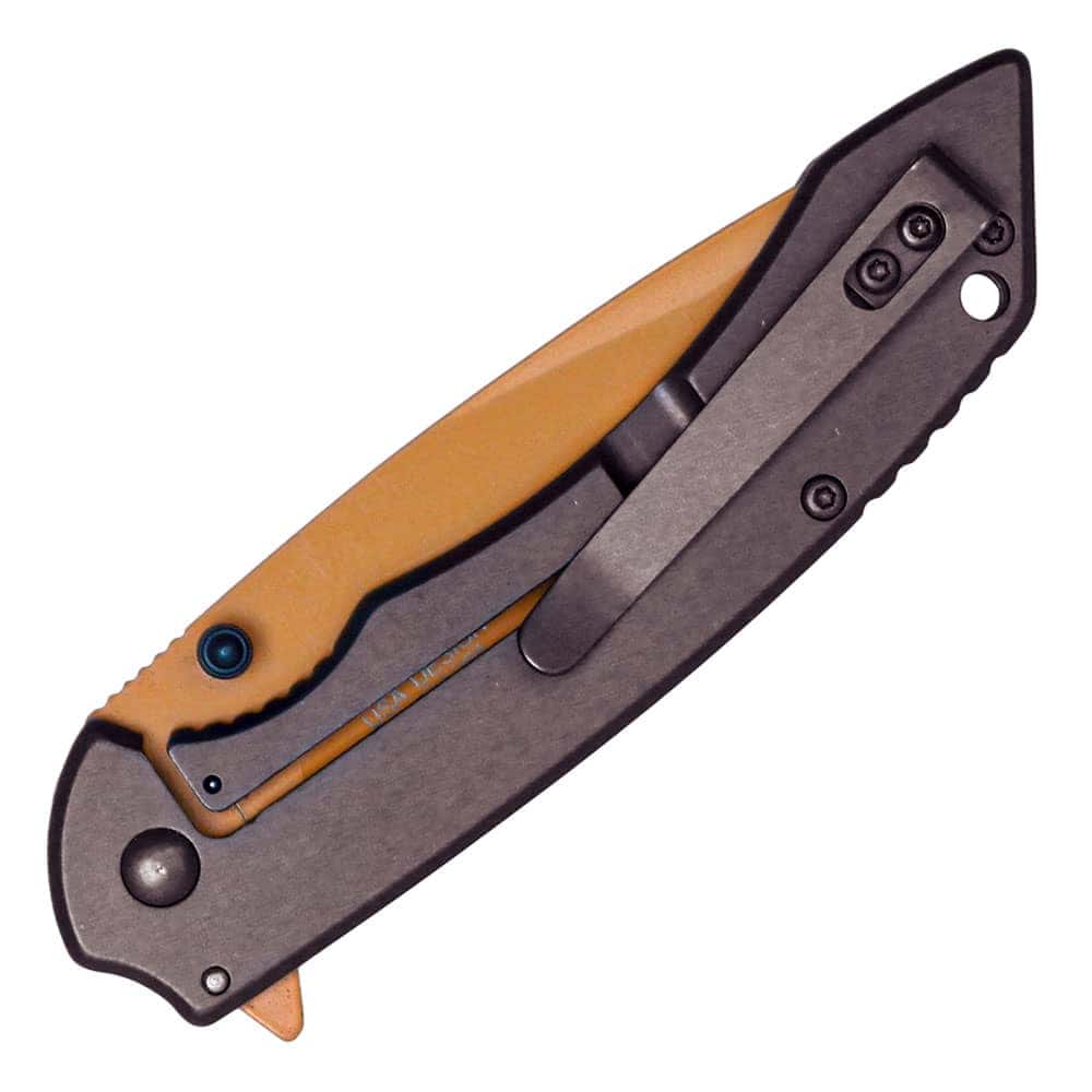 Orange Blade Assisted Open Folding Pocket Knife Closed View with Belt Clip