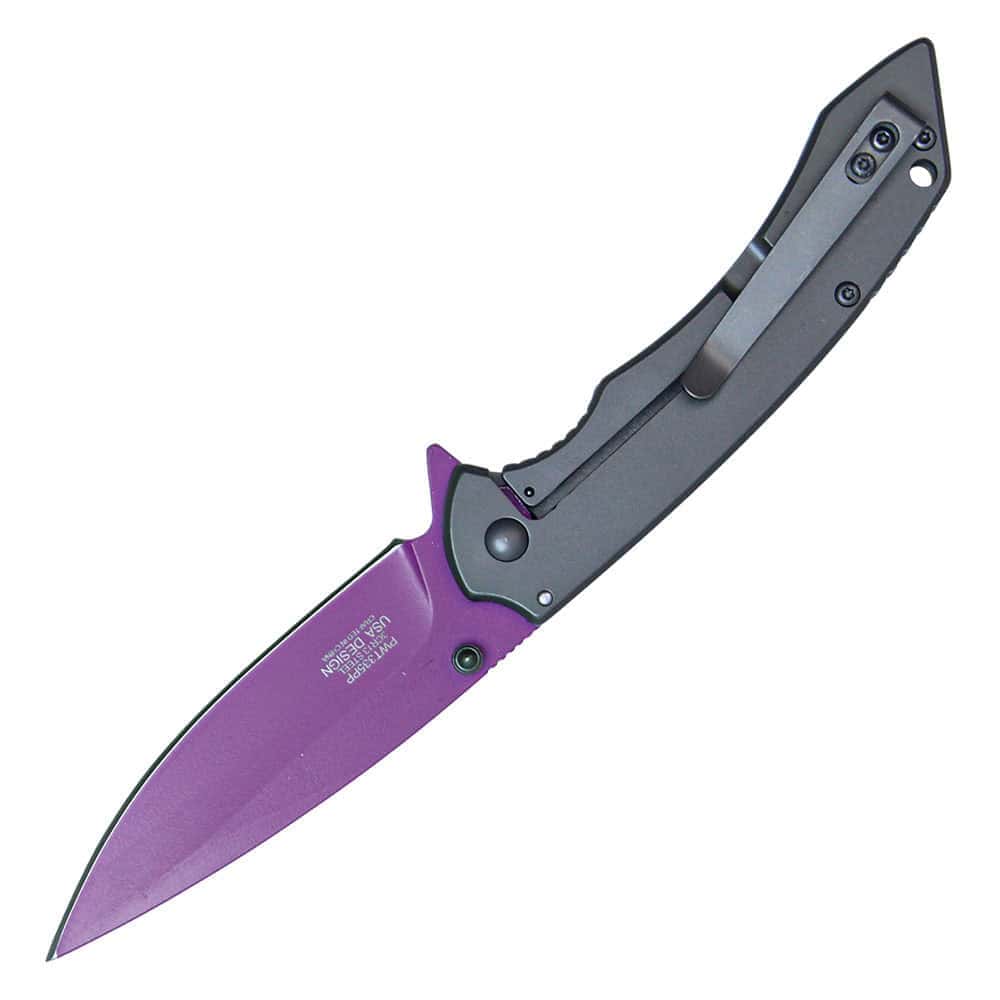 Purple Assisted Open Folding Pocket Knife Open View with Belt Clip