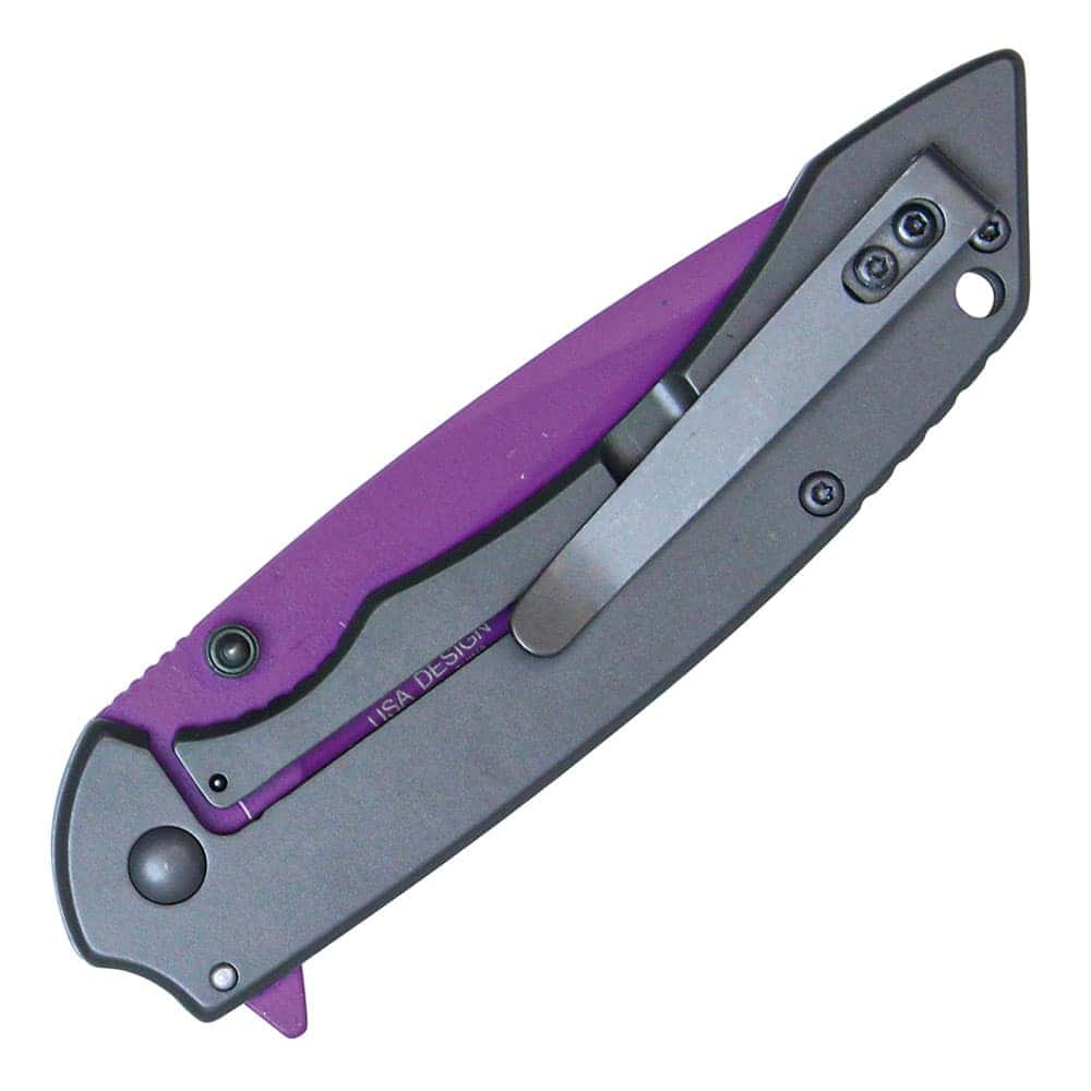 Purple Assisted Open Folding Pocket Knife Closed View with Belt Clip