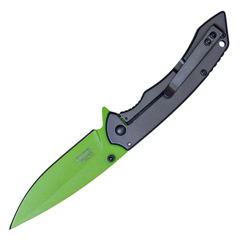 Green Blade Assisted Open Folding Pocket Knife Open View with Belt Clip