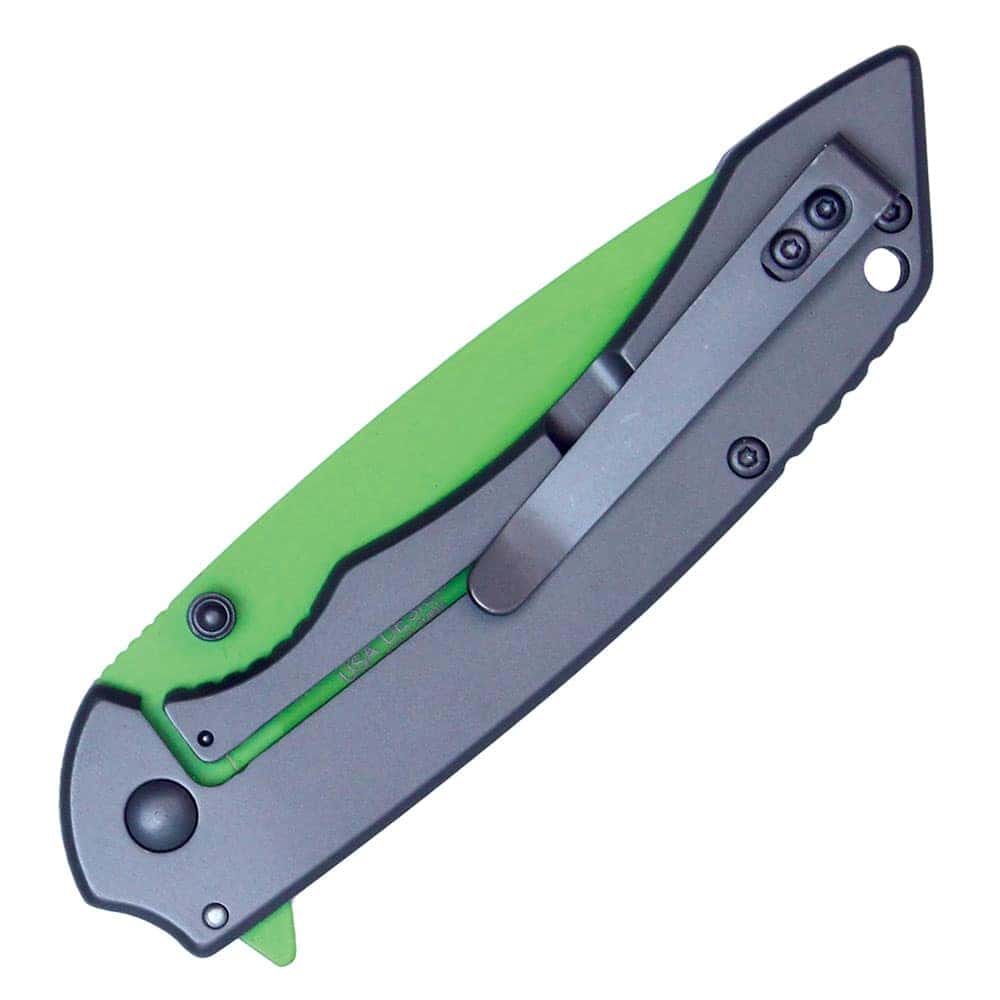 Green Blade Assisted Open Folding Pocket Knife Closed View with Belt Clip