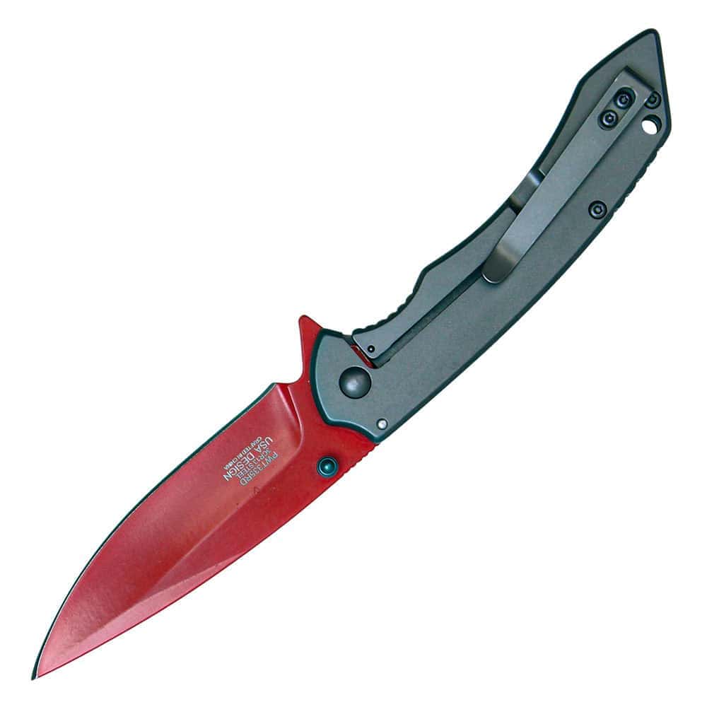 Red Blade Assisted Open Folding Pocket Knife Open View with Belt Clip