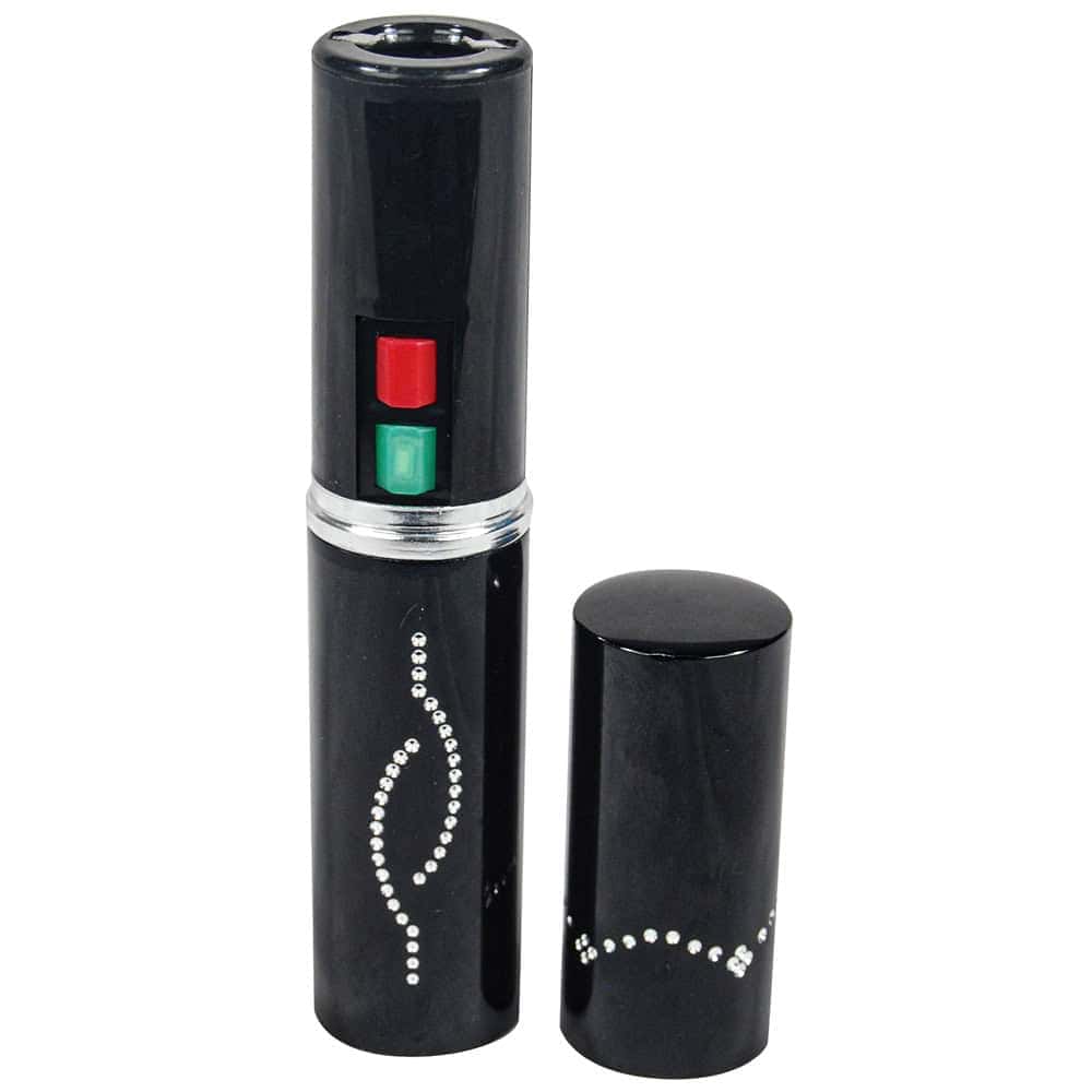 Black 25 Million Volt Lipstick Stun Gun Rechargeable With Flashlight with Cap Removed