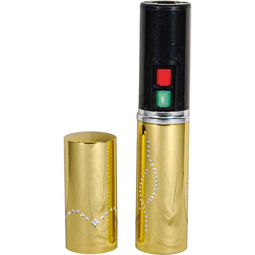 Gold 25 Million Volt Lipstick Stun Gun Rechargeable With Flashlight With Cap Removed