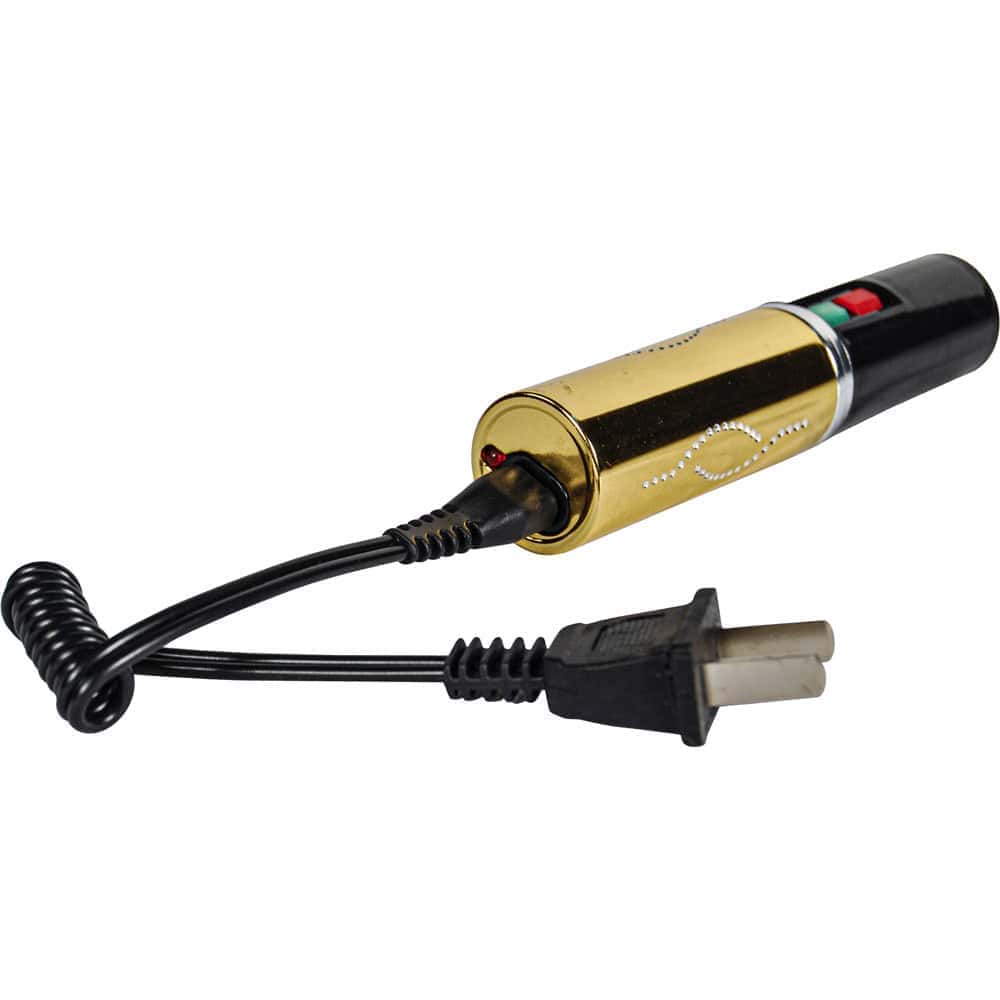 Gold 25 Million Volt Lipstick Stun Gun Rechargeable With Flashlight With Cap Removed and Charging Cord