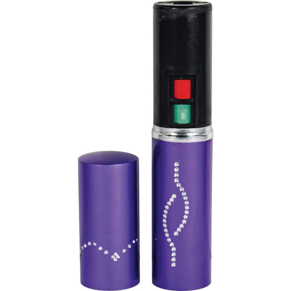 Purple 25 Million Volt Lipstick Stun Gun Rechargeable With Flashlight With Cap Removed