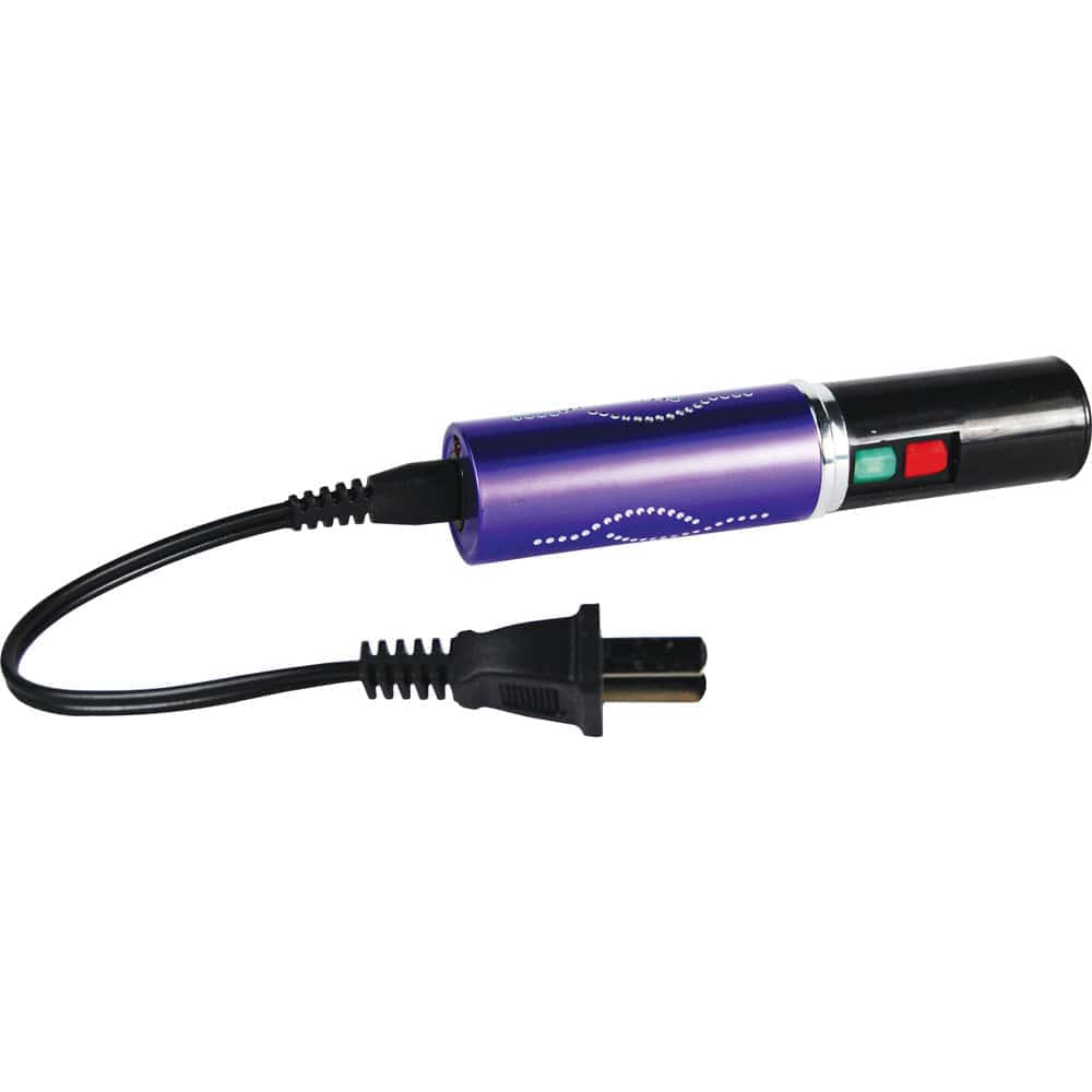 Purple 25 Million Volt Lipstick Stun Gun Rechargeable With Flashlight With Cap Removed and Charging Cord