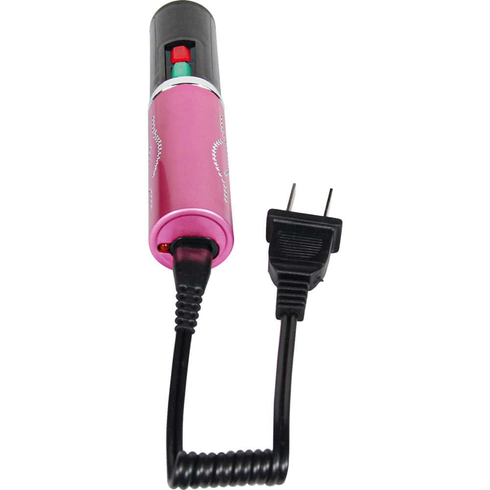 Pink 25 Million Volt Lipstick Stun Gun Rechargeable With Flashlight With Cap Removed and Charging Cord