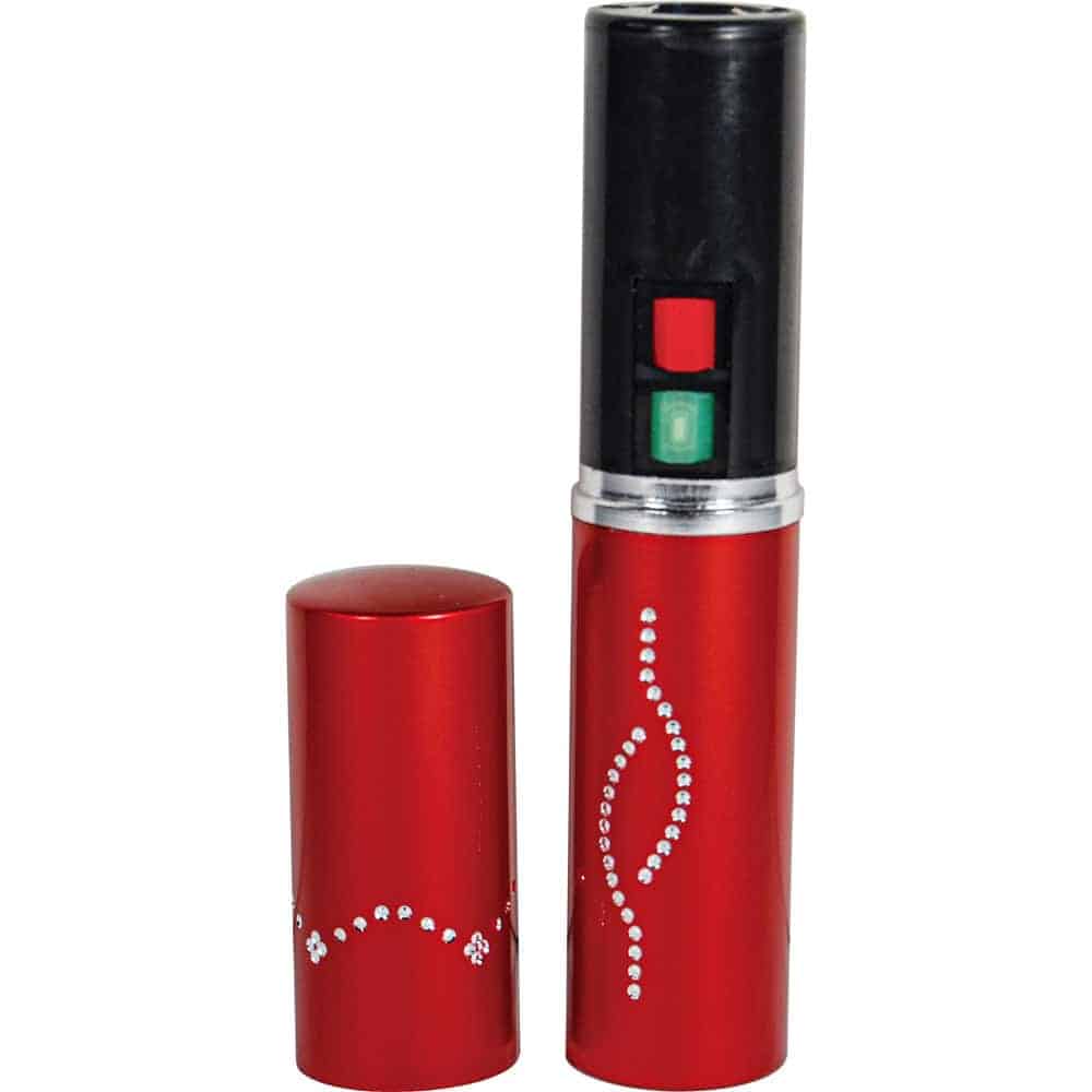 Red 25 Million Volt Lipstick Stun Gun Rechargeable With Flashlight With Cap Removed