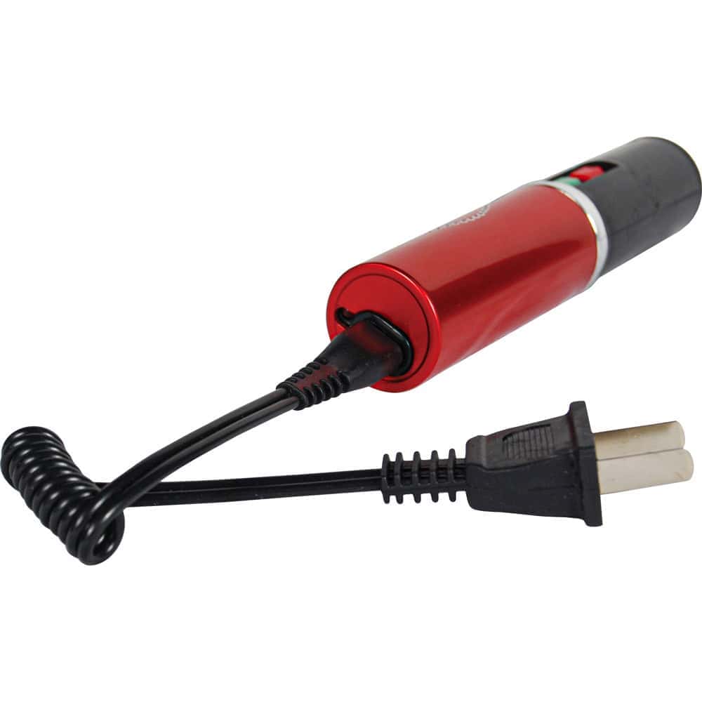 Red 25 Million Volt Lipstick Stun Gun Rechargeable With Flashlight With Cap Removed and Charging Cord