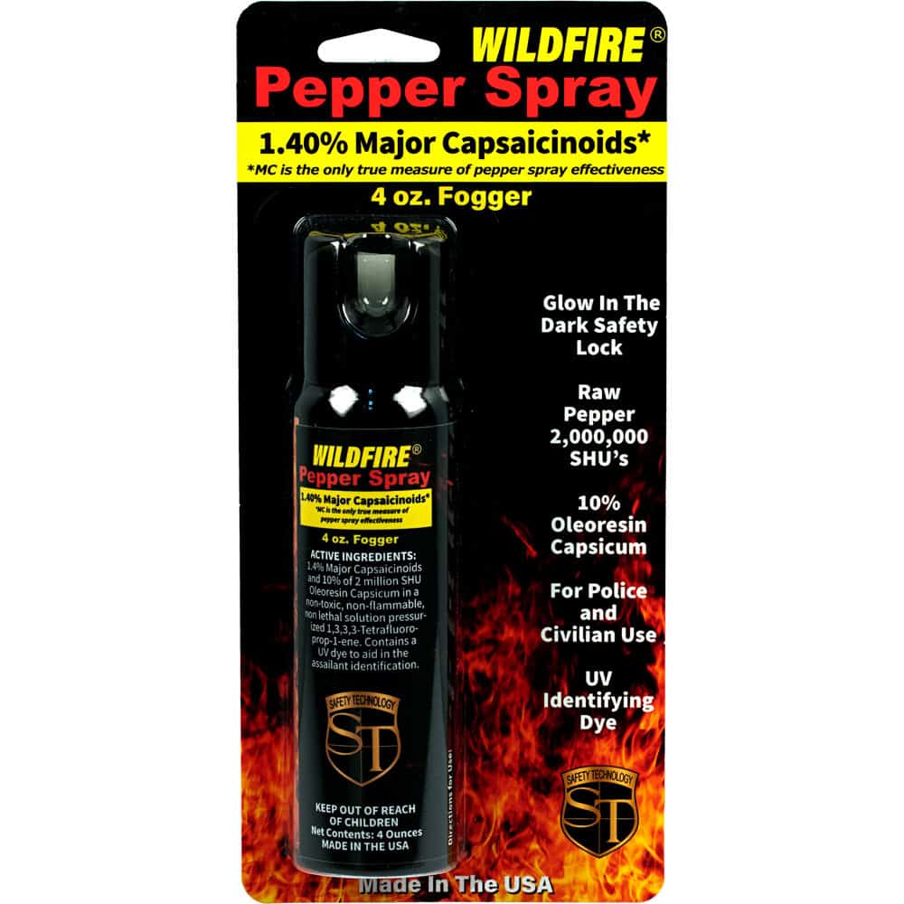 4 Ounce Wildfire MC Pepper Spray Fogger Front View in Retail Package