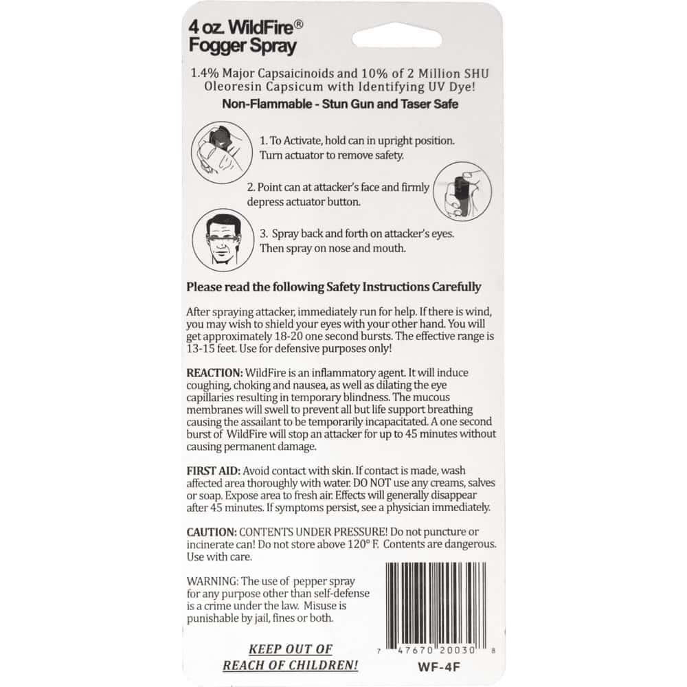 4 Ounce Wildfire Pepper Spray Fogger Rear View of Retail Package with Instructions