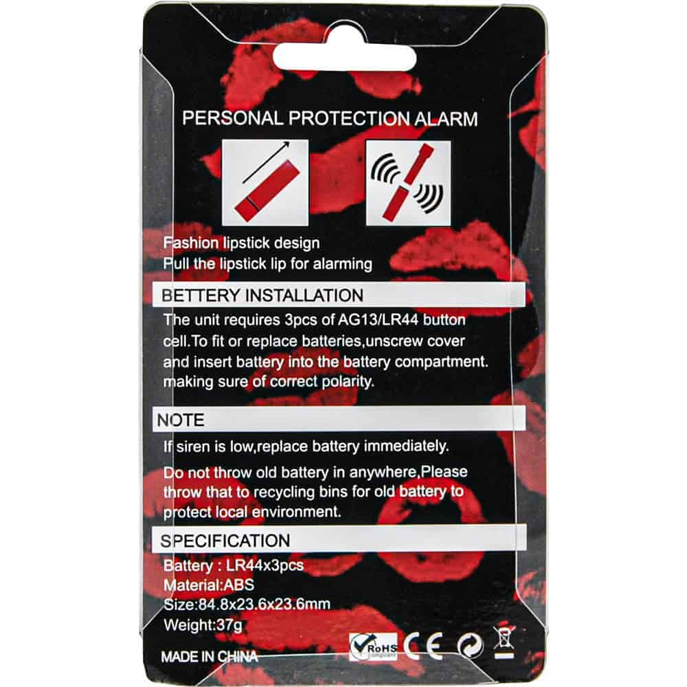 Black 90 db Lipstick Alarm Retail Package Rear with Instructions