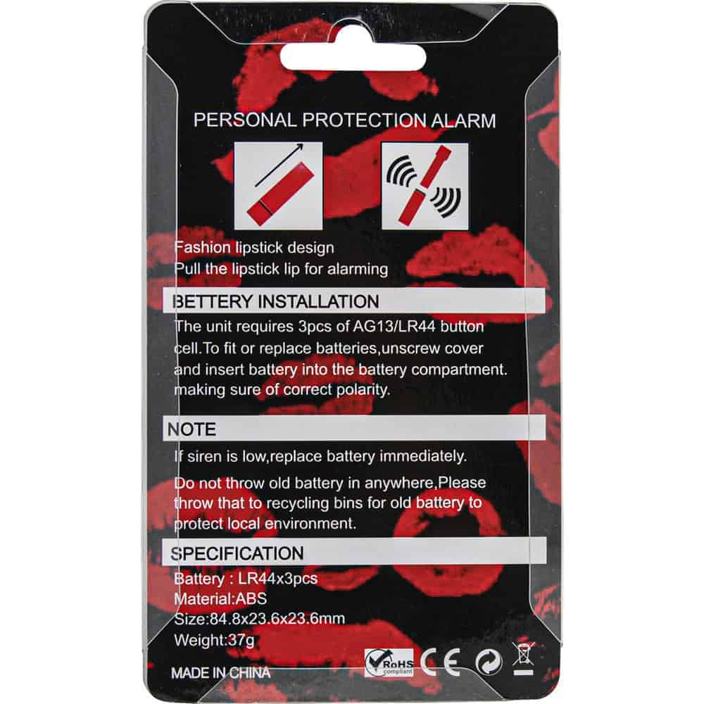 Pink 90 db Lipstick Alarm Rear Retail Package with Instructions